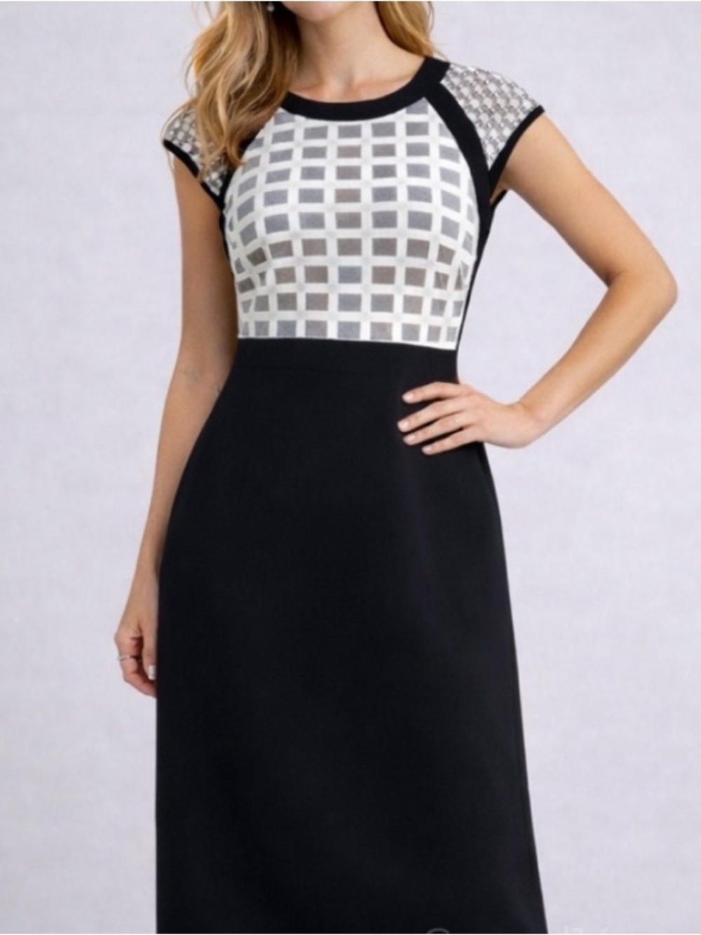 Antonio Melani Black and White Crewneck Cap-Sleeve Dress